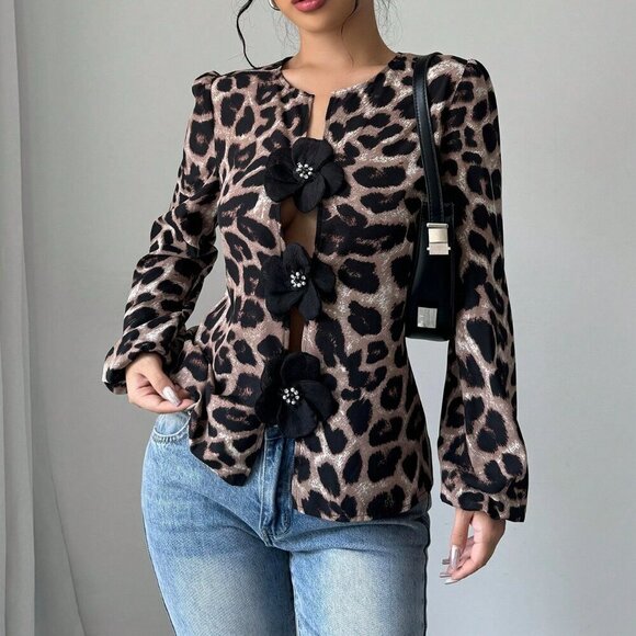 Black Casual Women's Elegant 3d Floral & Leopard Print Lantern Sleeve Blouse - Picture 1 of 5